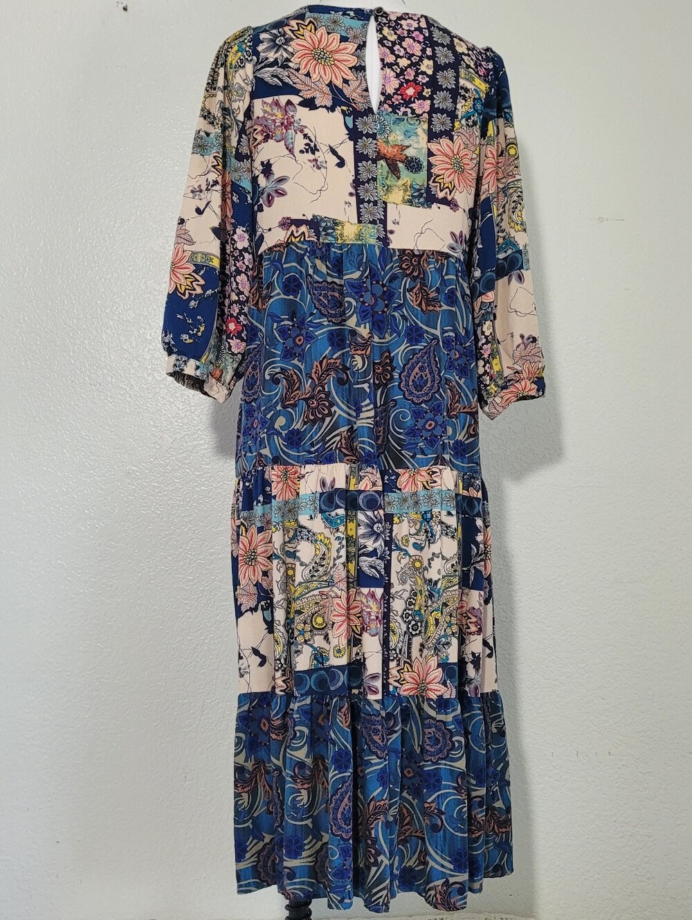 GiGiO Midnight Blue Mixed Print Tiered Floral Paisley Peasant Midi Dress Small - Picture 6 of 12